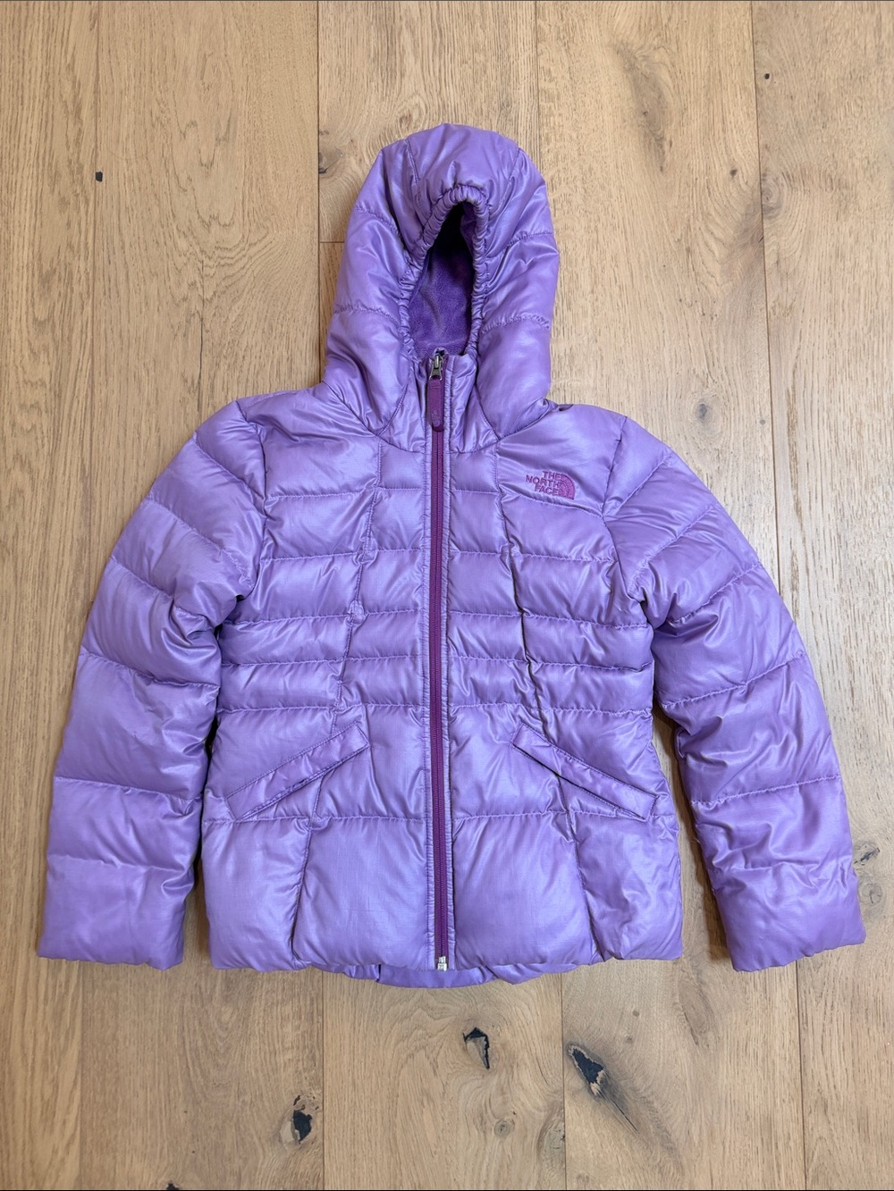 The North Face Moondoggy Girls Purple Hooded Down Filled Puffer Jacket 10/12